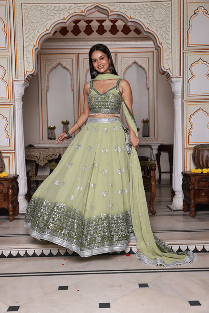 Light Green and Green Embroidered Georgette Lehenga