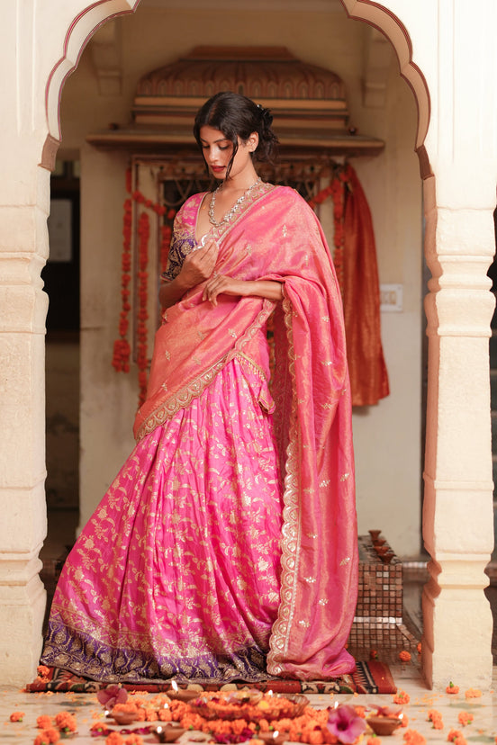 Pink and Purple Embroidered Banarasi Silk Lehenga