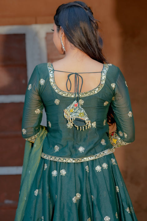 Green Embroidered Georgette Lehenga