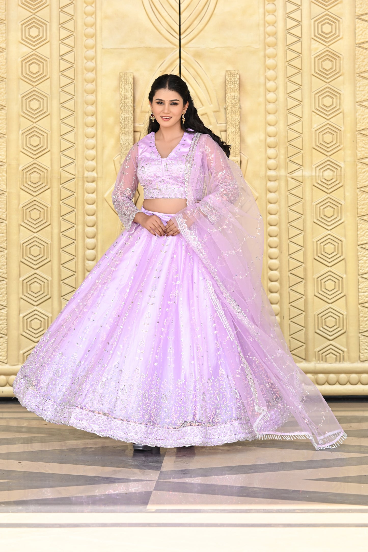 Lavender Pink Sparkle Embroidered Net Lehenga