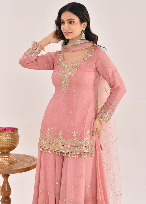 Dusty Peach Embroidered Satin Sharara Suit