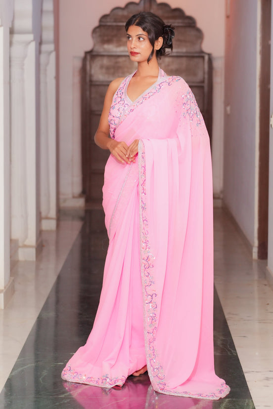 Pink Embroidered Georgette Saree