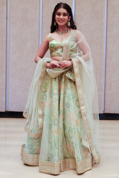 Mint Green Multicolor Floral Embroidered Net Lehenga