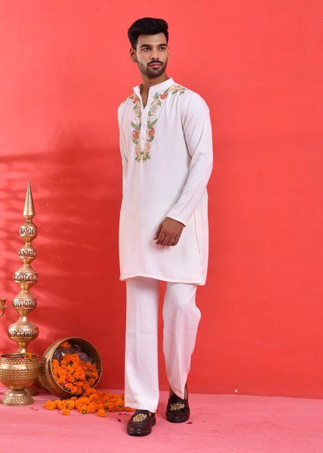 White Floral Hand-Embroidered Japanese Satin Kurta Set
