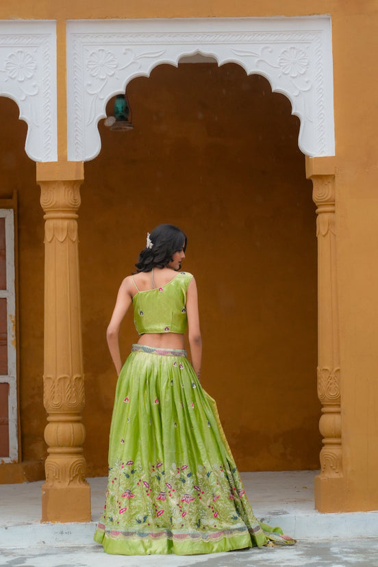 Apple Green Hand Embroidered Silk Lehenga