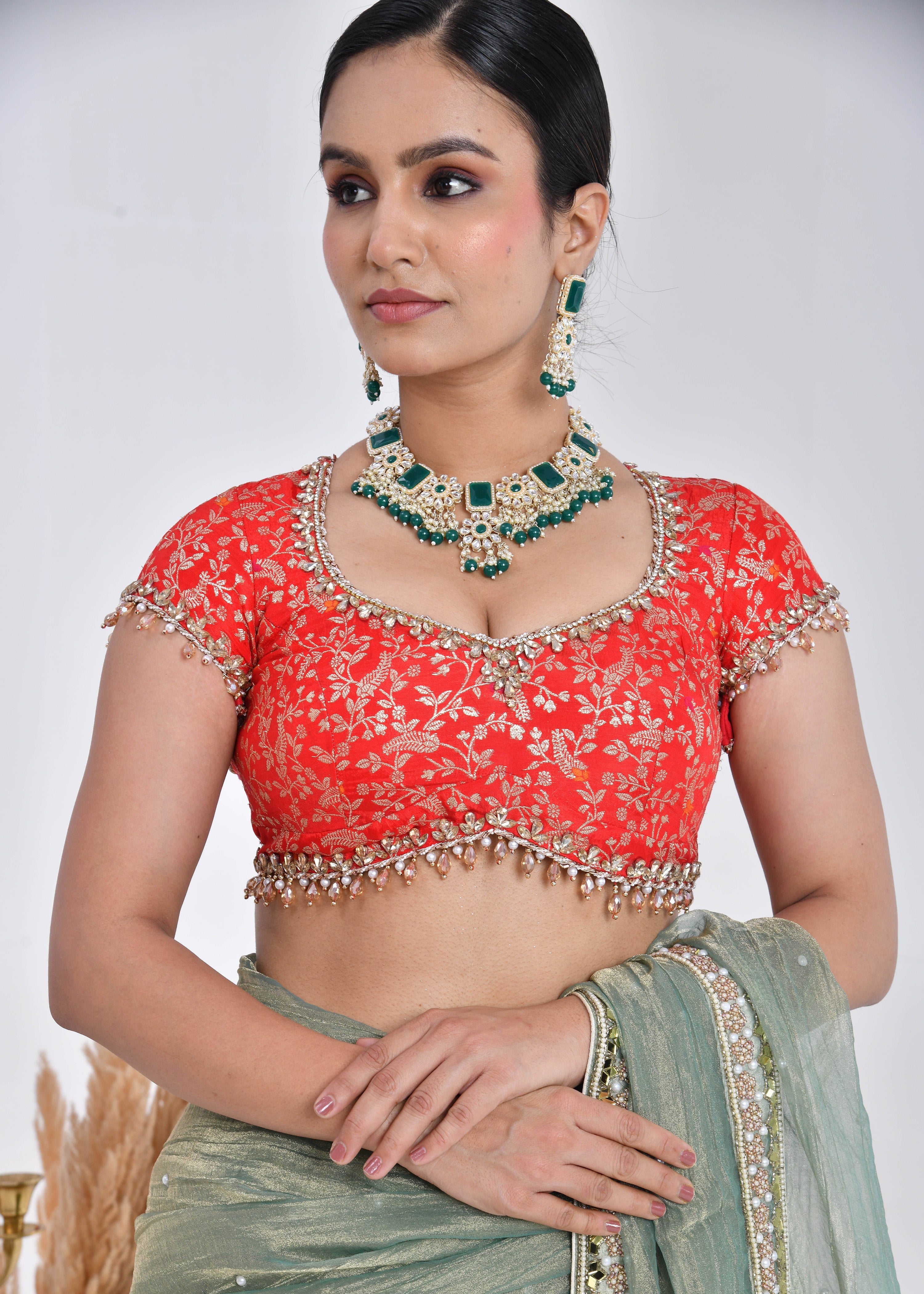 Sage Green Hand-Embroidered Tissue Saree