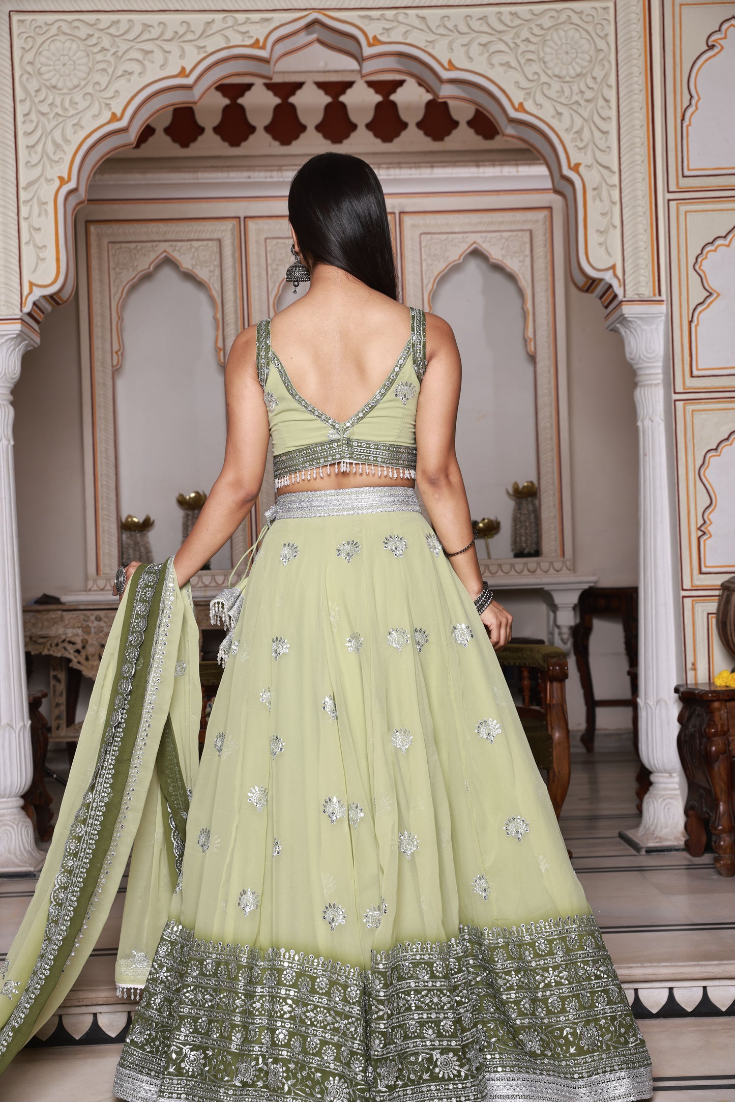 Light Green and Green Embroidered Georgette Lehenga
