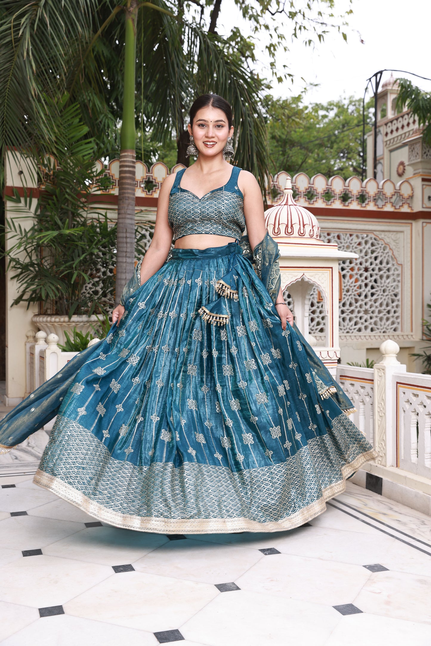 Teal Embroidered Raw Silk Lehenga