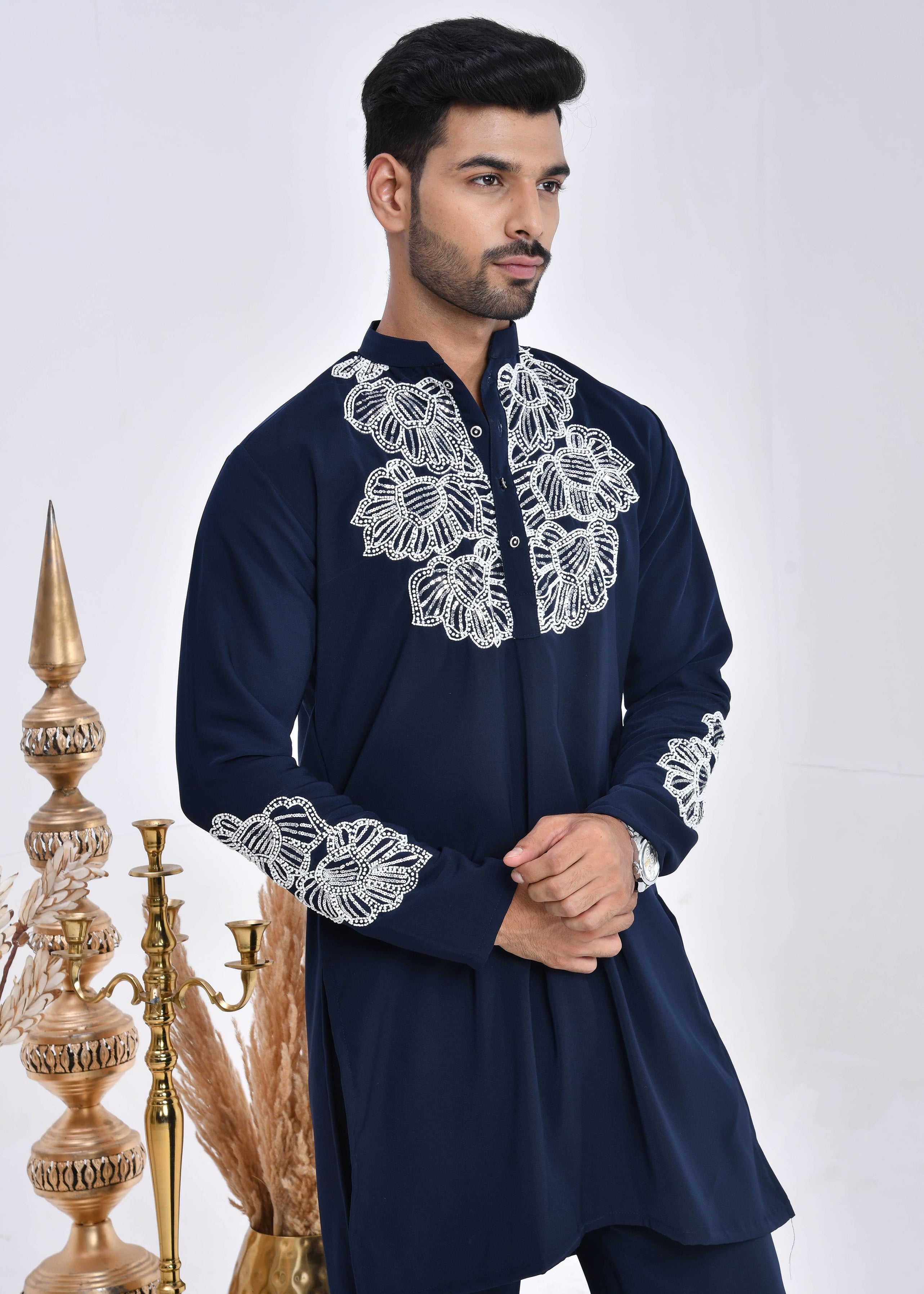 Navy Blue Hand-Embroidered Japanese Satin Kurta Set