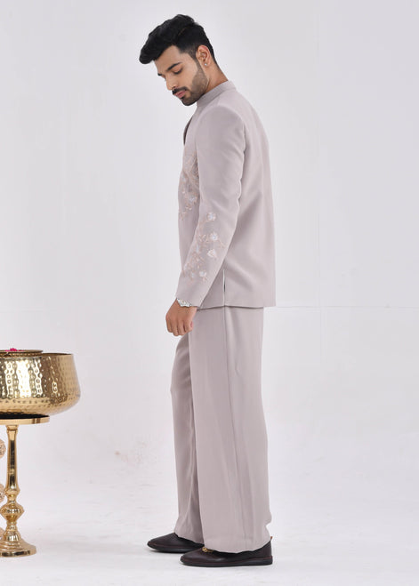 Taupe Embroidered Crepe Bandhgala Indo-Western Suit