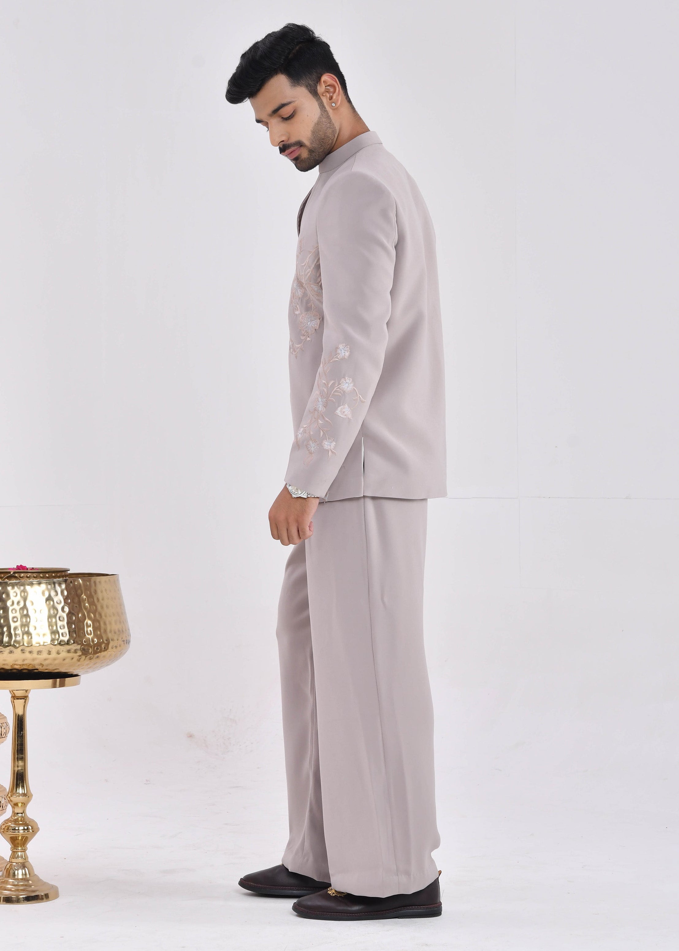 Taupe Embroidered Crepe Bandhgala Indo-Western Suit