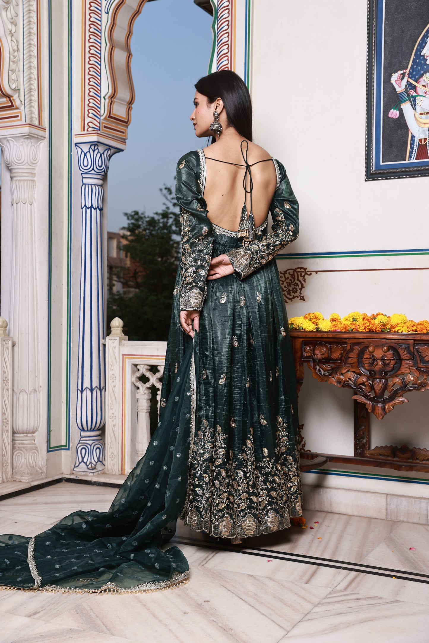 Midnight Green Embroidered Silk Anarkali