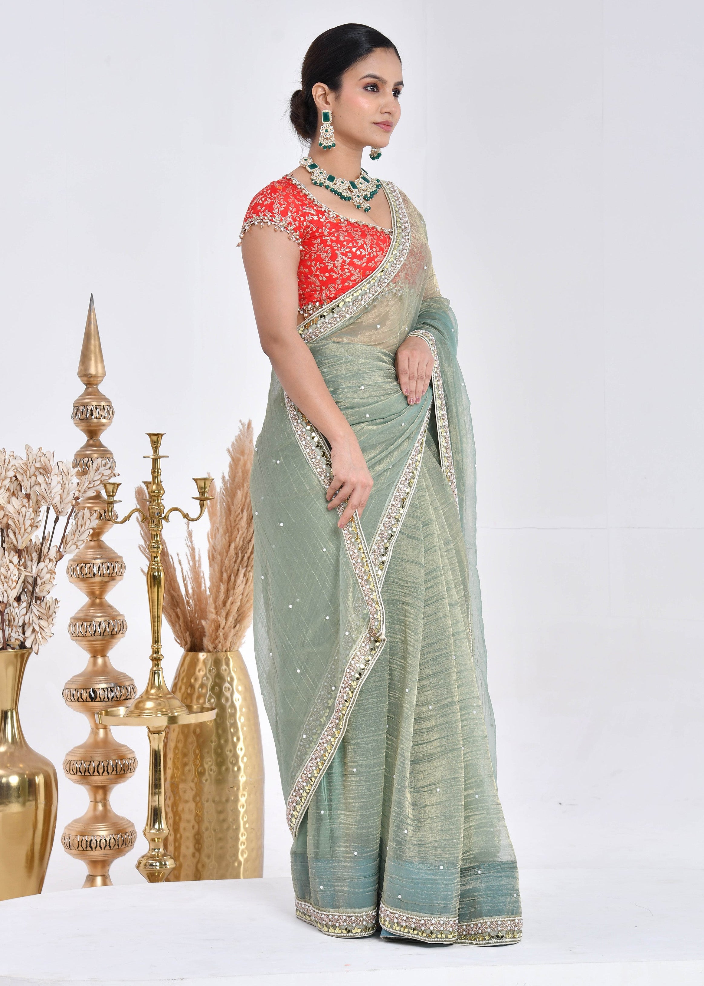 Sage Green Hand-Embroidered Tissue Saree