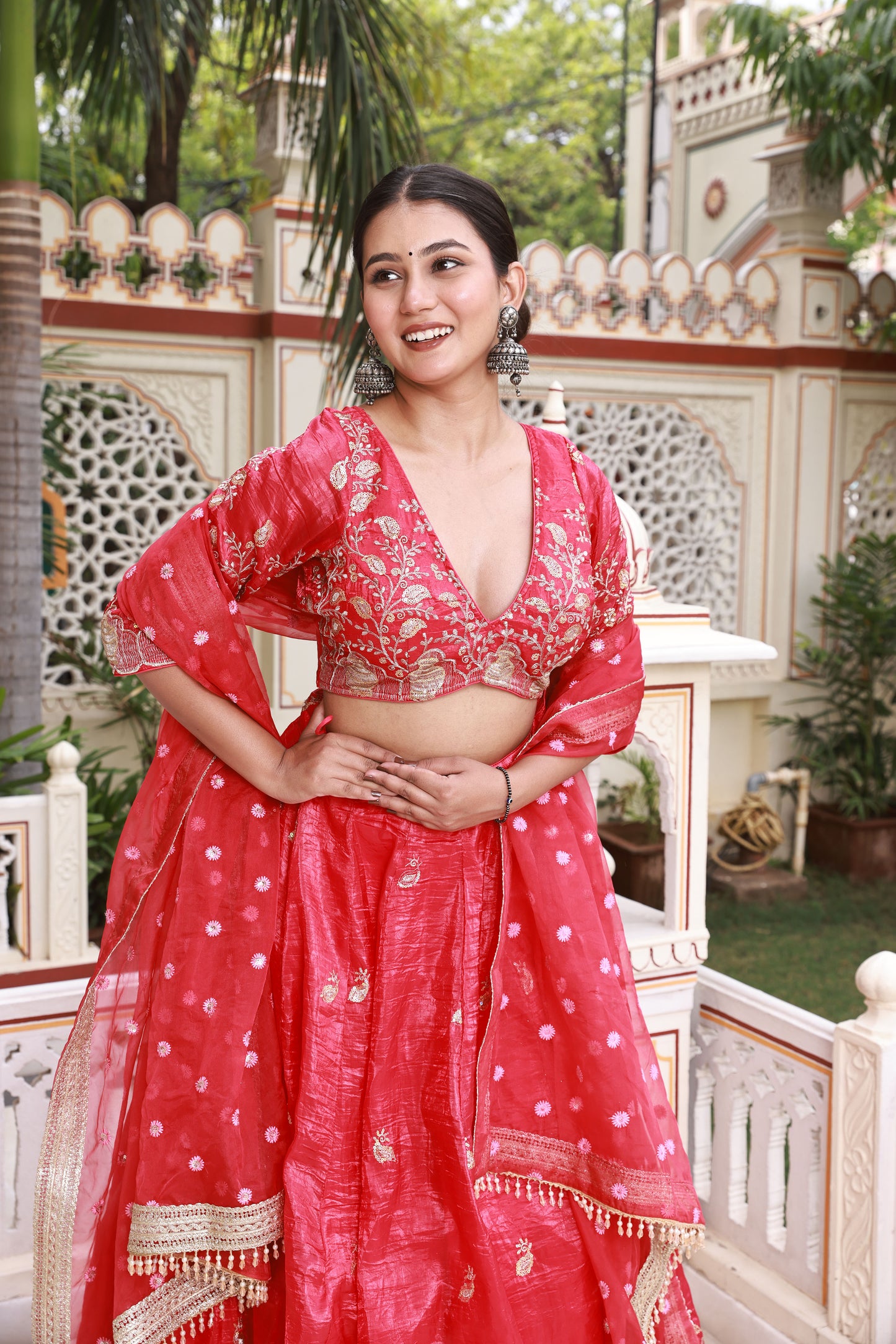 Red Floral Embroidered Raw Silk Lehenga