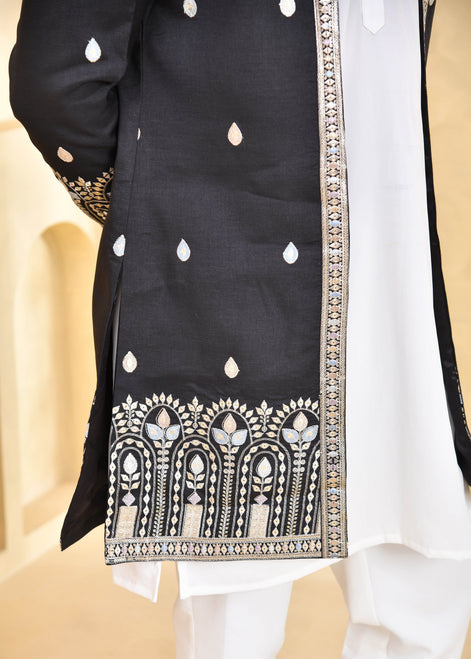 Black Embroidered Raw Silk Indo-Western Jacket Set