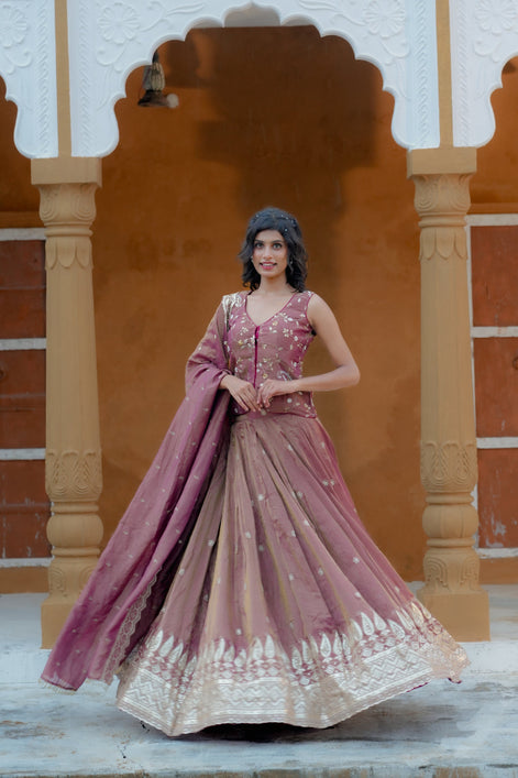 Purple Hand Embroidery Silk Lehenga