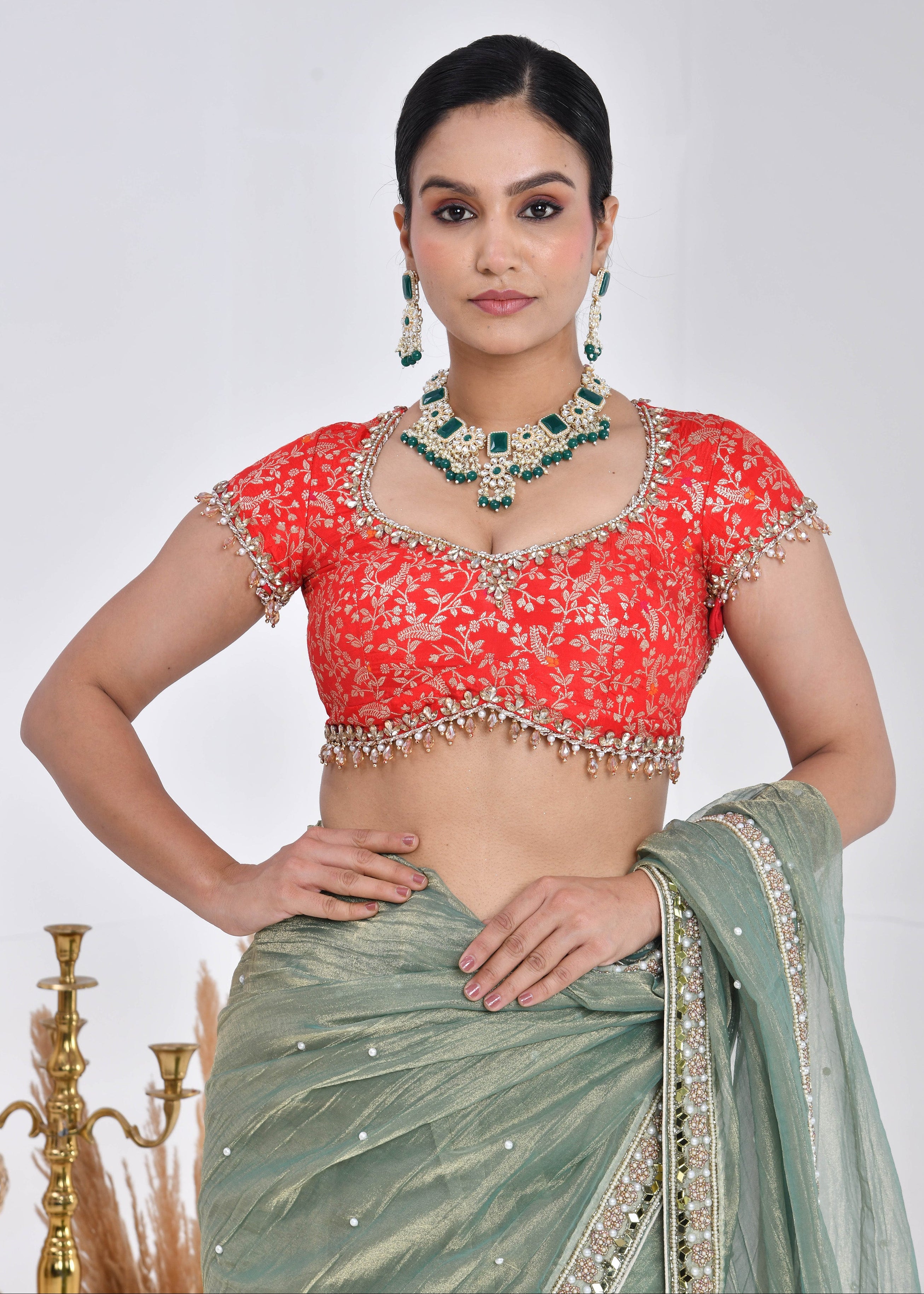 Sage Green Hand-Embroidered Tissue Saree