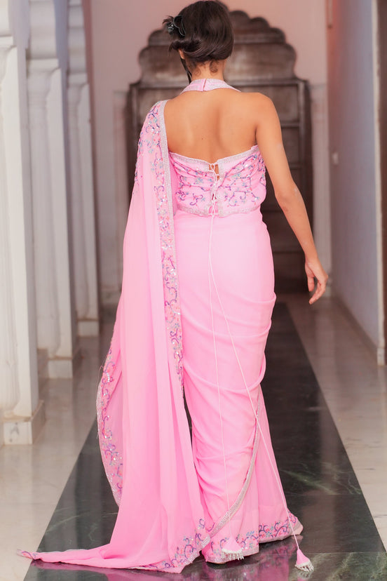 Pink Embroidered Georgette Saree