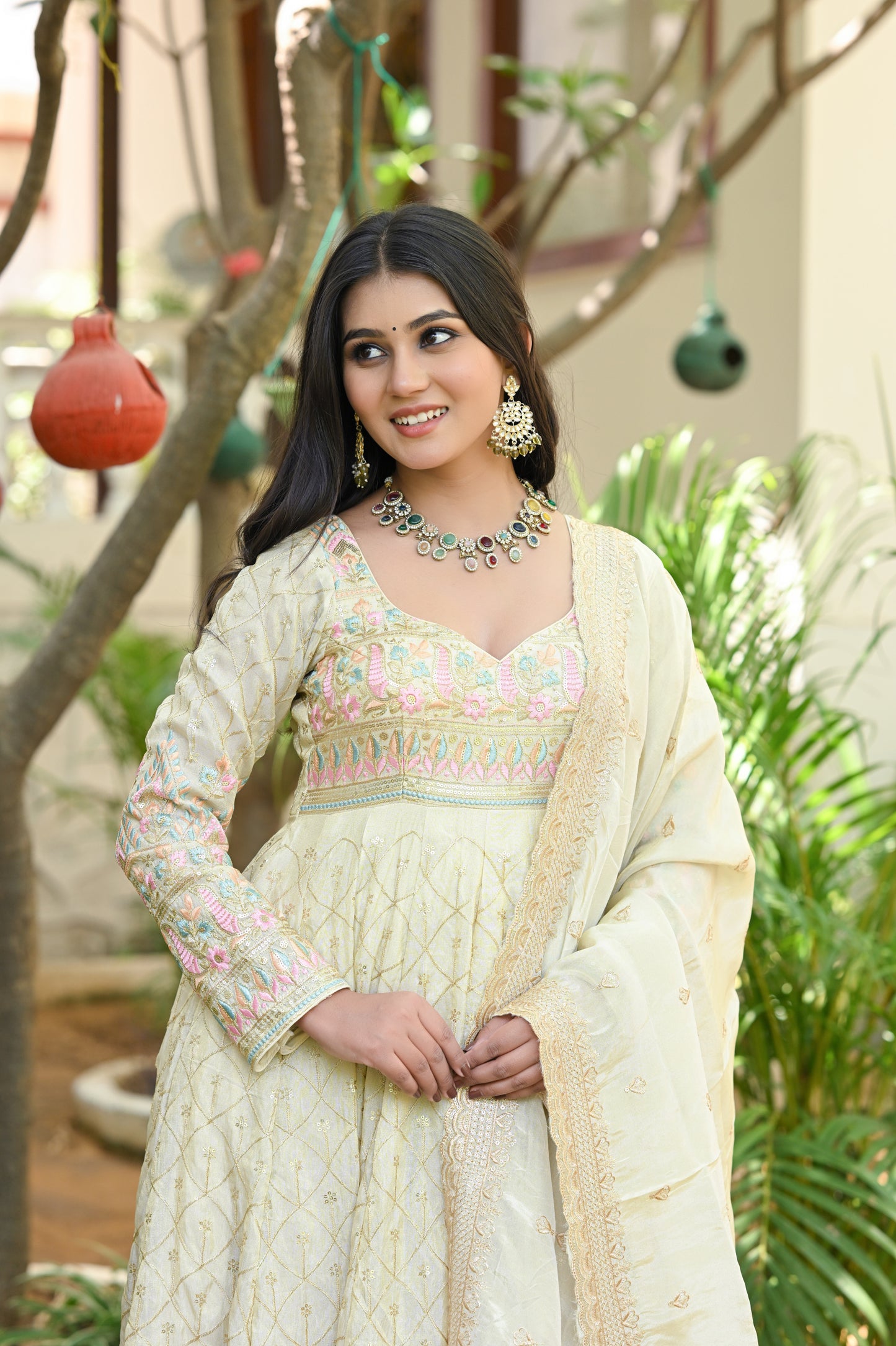 Beige Multicolor Floral Embroidered Silk Anarkali