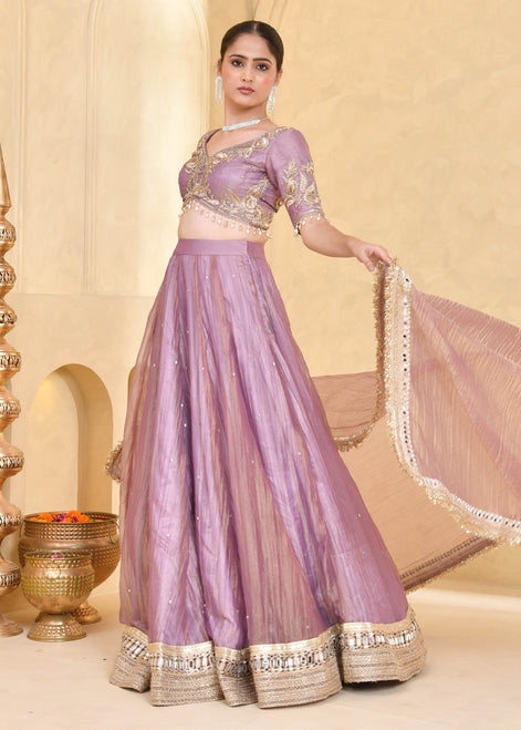 Mauve Purple Hand-Embroidered Tissue Lehenga