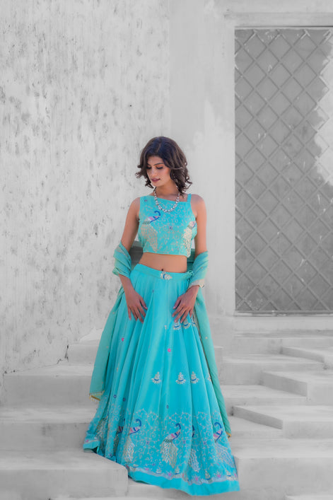 Mint Embroidered Silk Lehenga