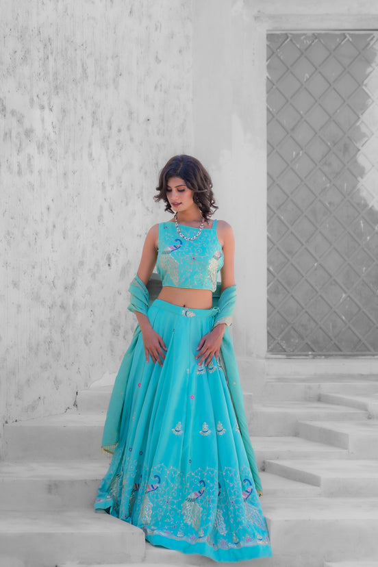 Mint Embroidered Silk Lehenga