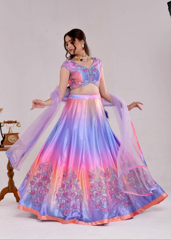 Multicolor Floral Hand-Embroidered Satin Silk Lehenga