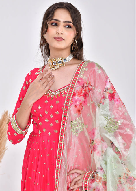 Hot Pink Hand-Embroidered Silk Anarkali Suit