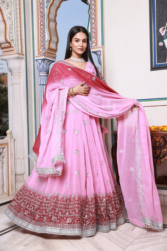 Pink and Red Embroidered Georgette Lehenga