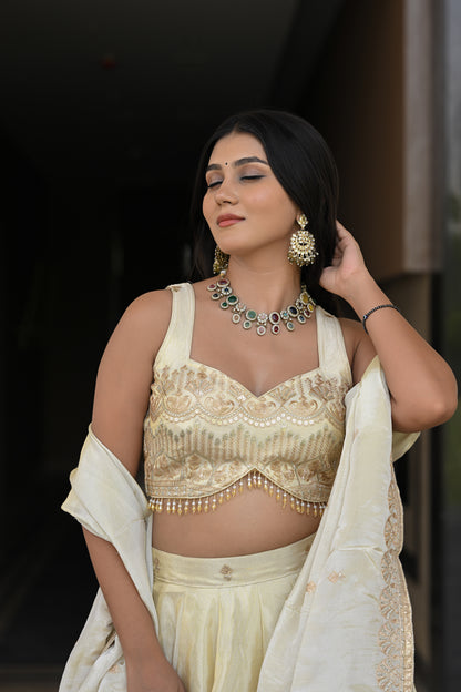 Off-White and Beige Embroidered Silk Lehenga