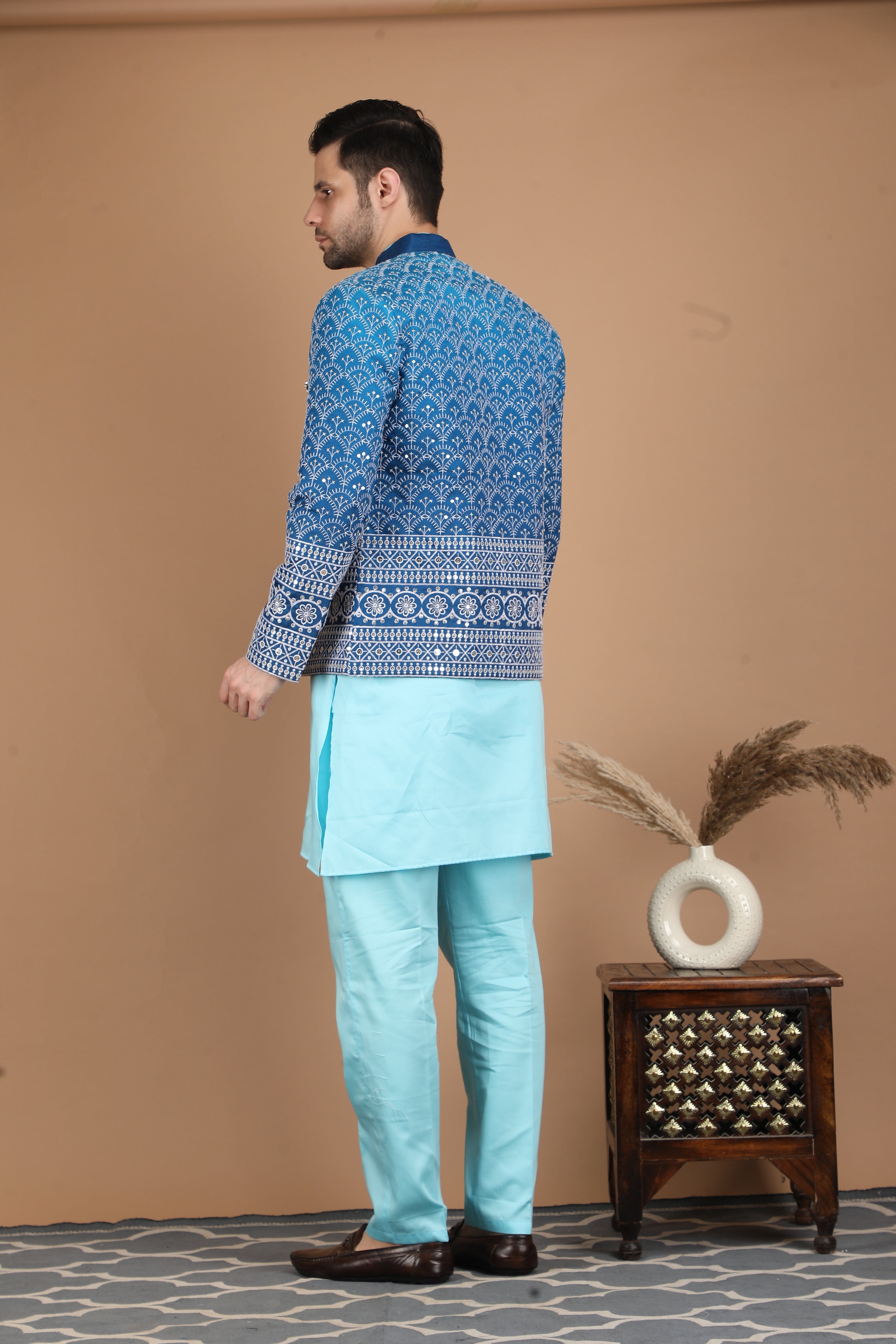 Blue and Aqua Blue Nehru Jacket Set