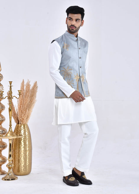 Grey Embroidered Raw Silk Nehru Jacket Set