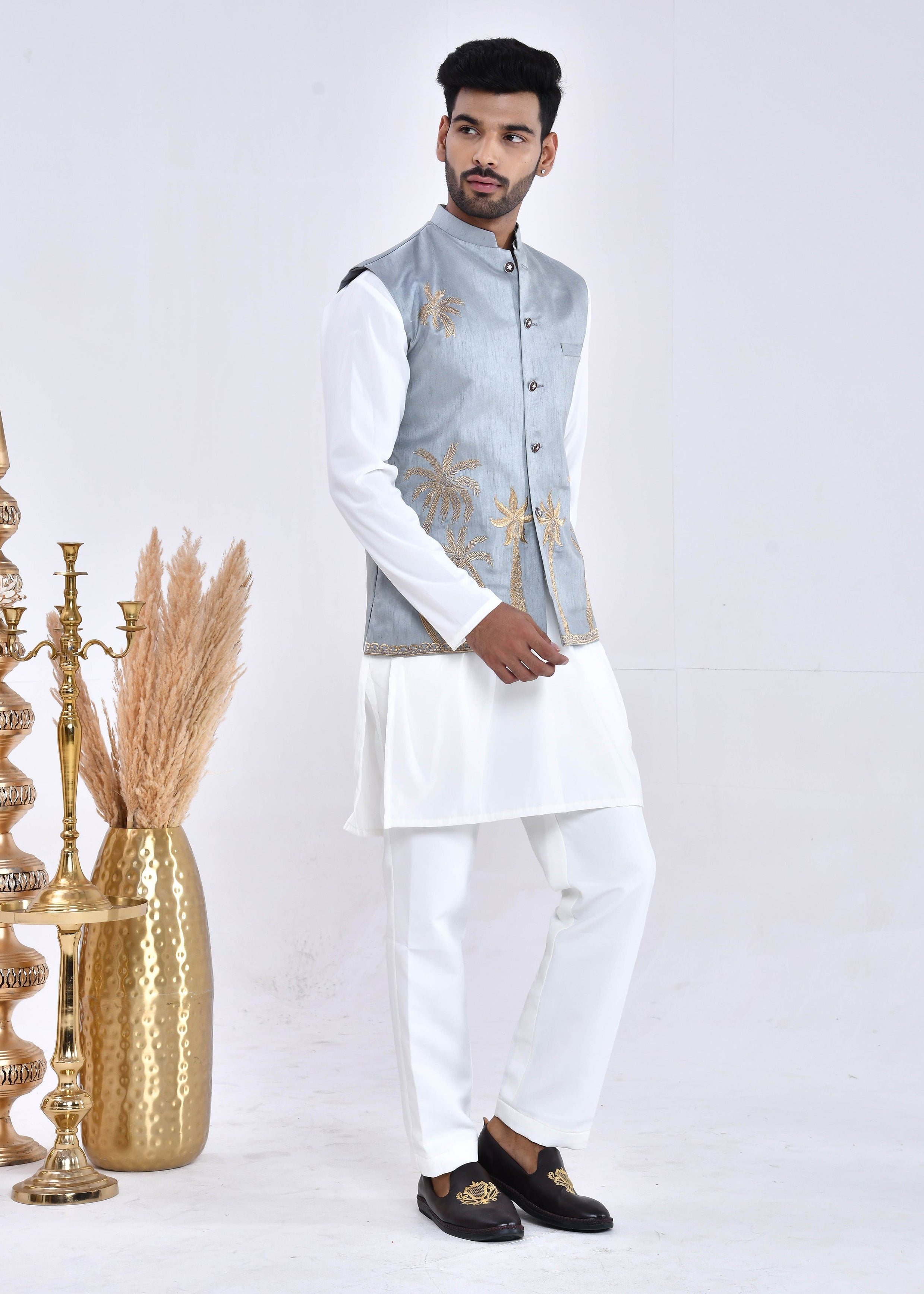 Grey Embroidered Raw Silk Nehru Jacket Set