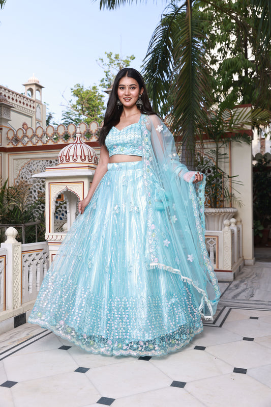 Sky Blue Embroidered Net Lehenga
