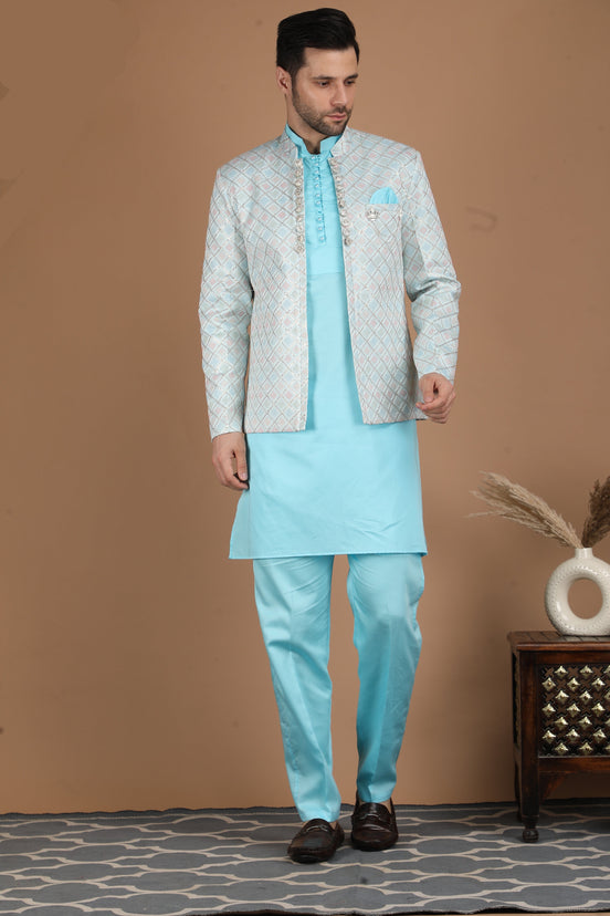 Aqua Blue Silk Nehru Jacket Set