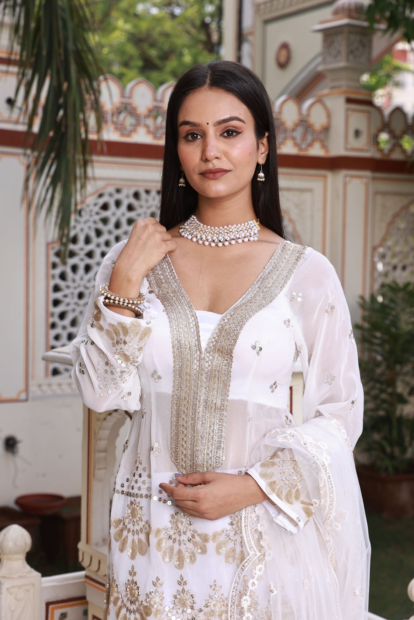 White Sparkle Embroidered Georgette Garara