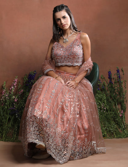 Sleeveless Peach Sparkle Embroidered Net Lehenga