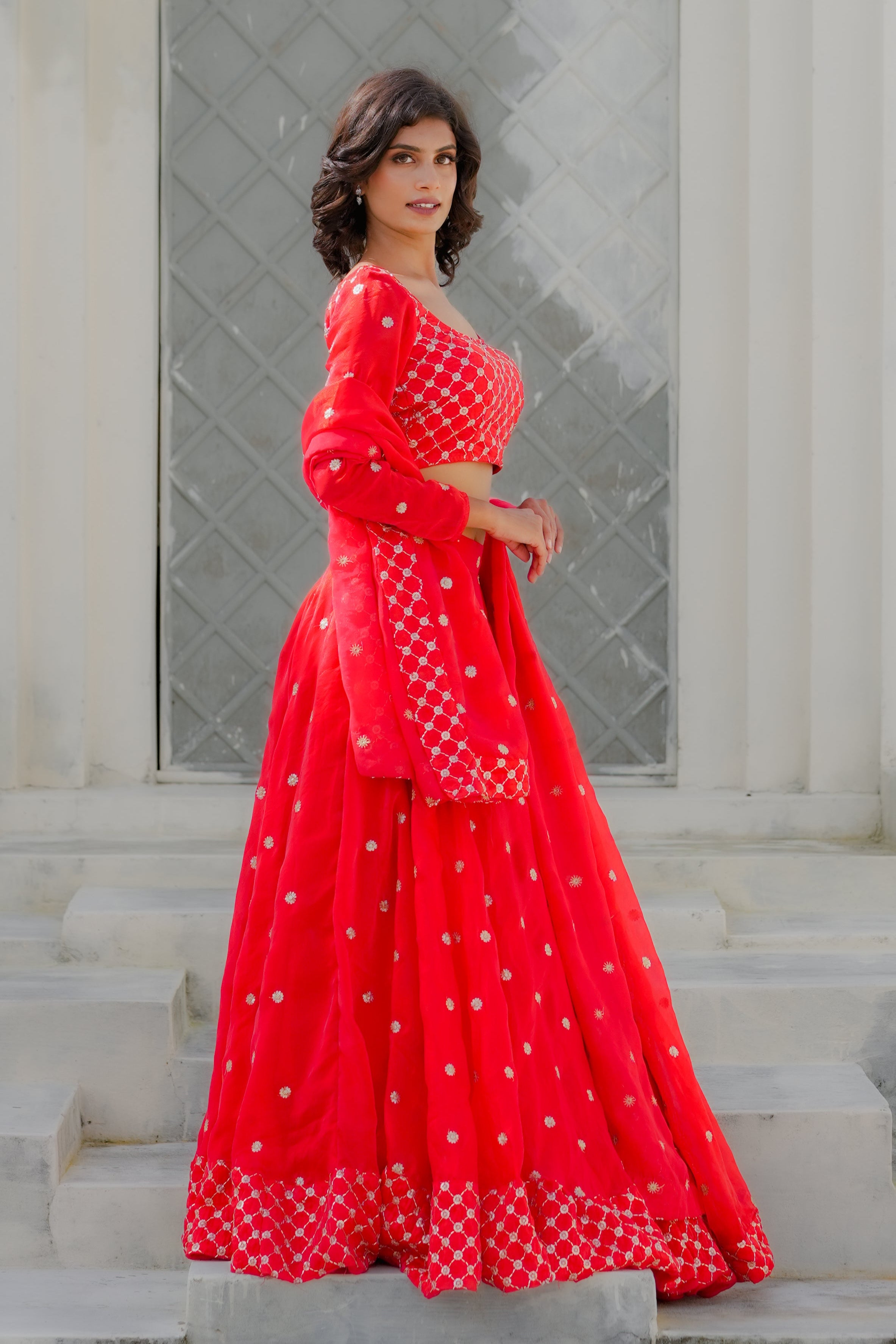 Scarlet Red Embroidered Georgette Lehenga