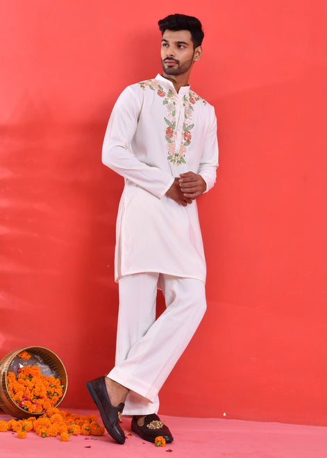 White Floral Hand-Embroidered Japanese Satin Kurta Set