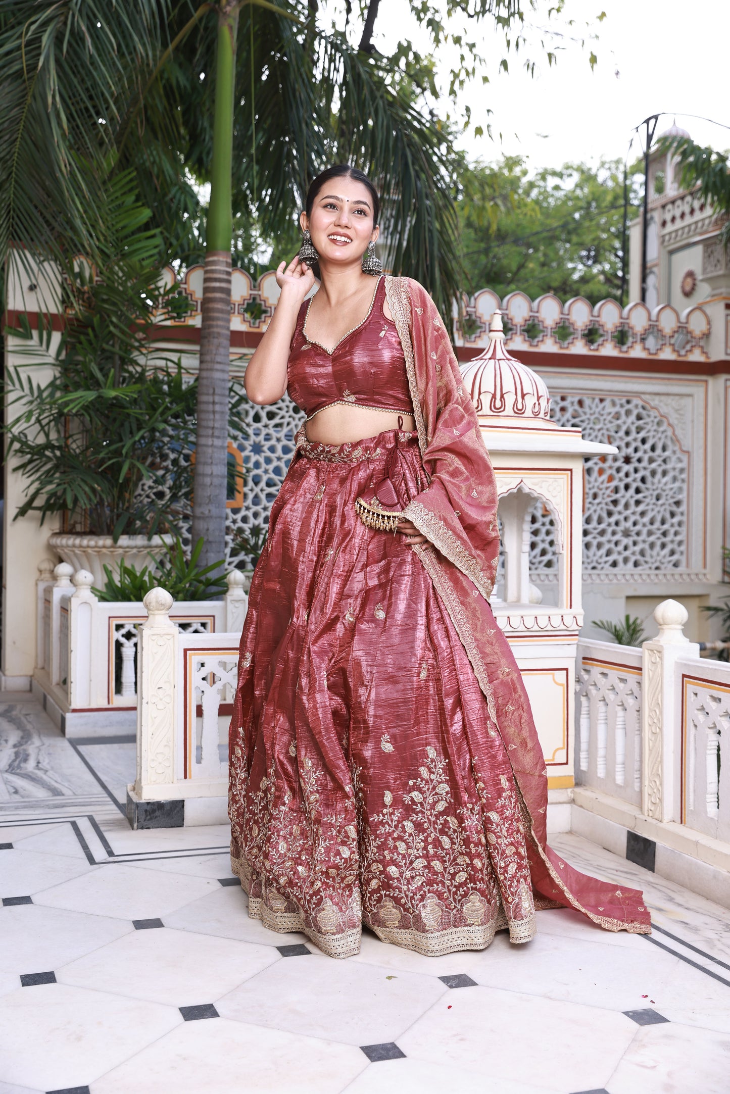 Wine Floral Embroidered Raw Silk Lehenga