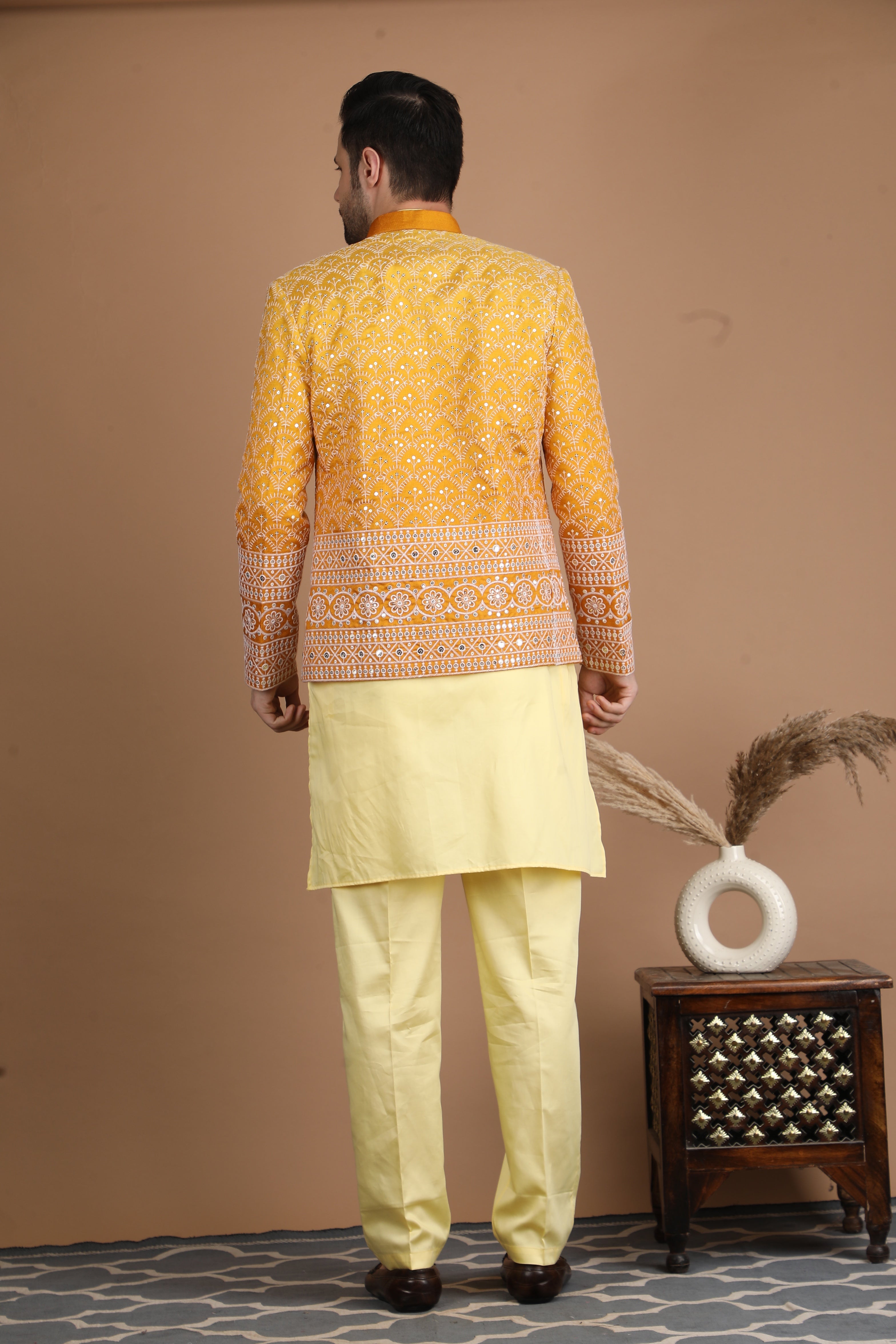 Yellow and Gold Silk Nehru Jacket Set