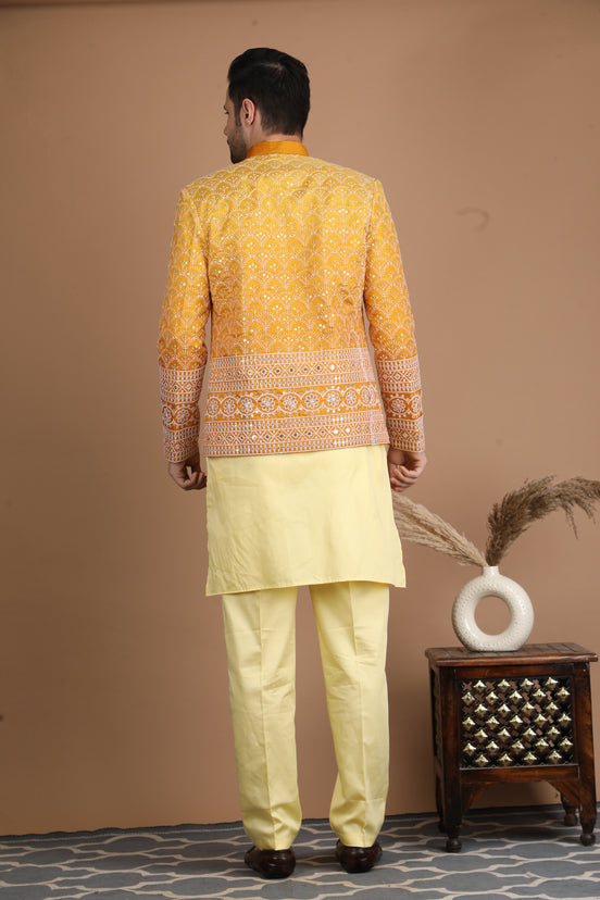 Yellow and Gold Silk Nehru Jacket Set