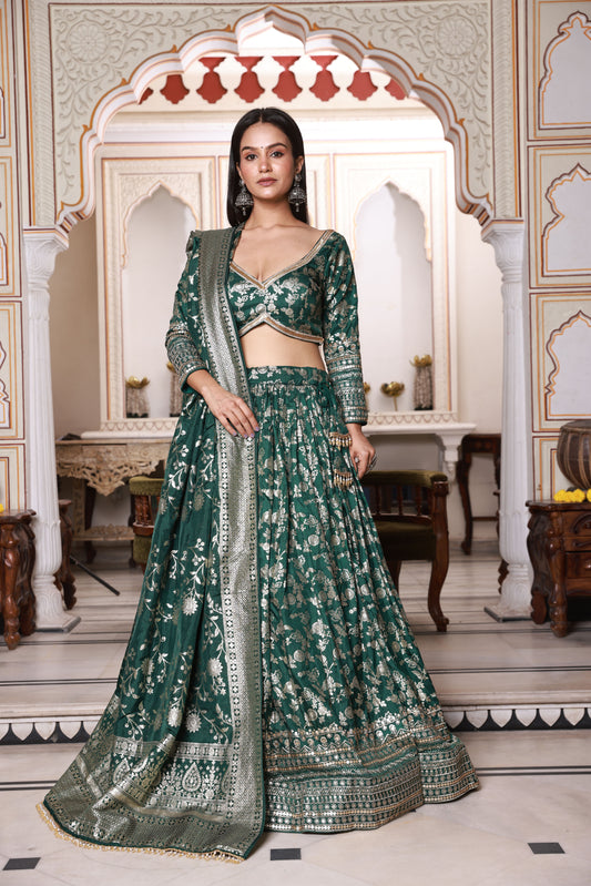 Dark Green Embroidered Silk Lehenga