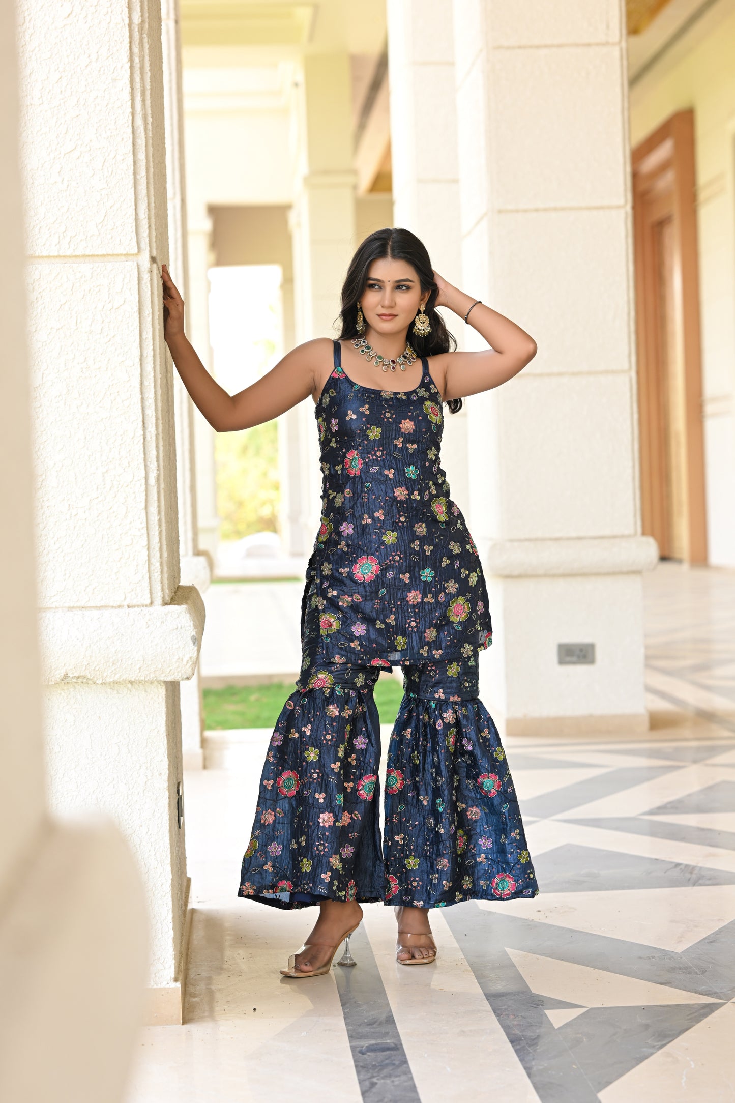 Navy Blue Multicolor Floral Embroidered Garara