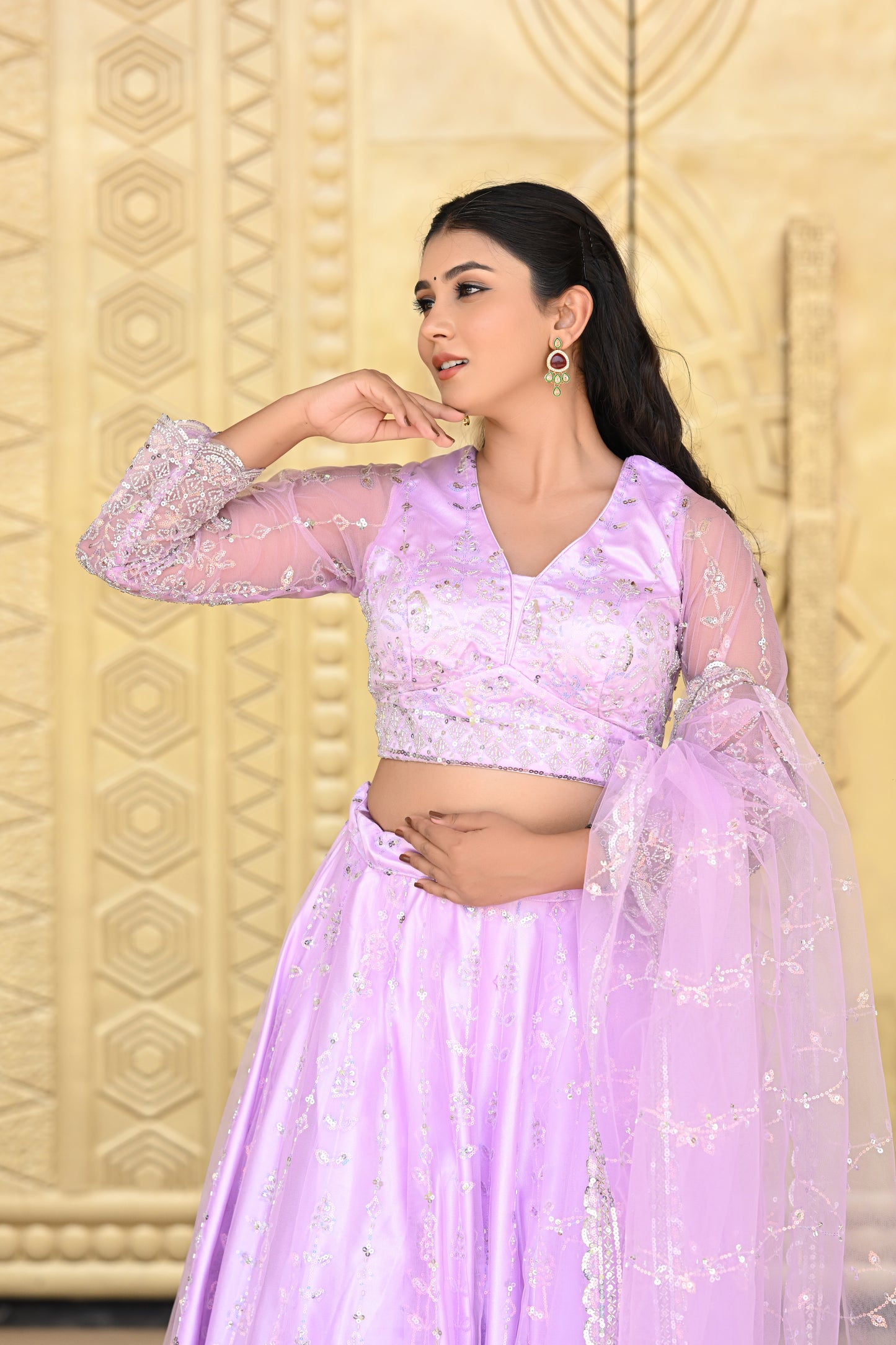 Lavender Pink Sparkle Embroidered Net Lehenga