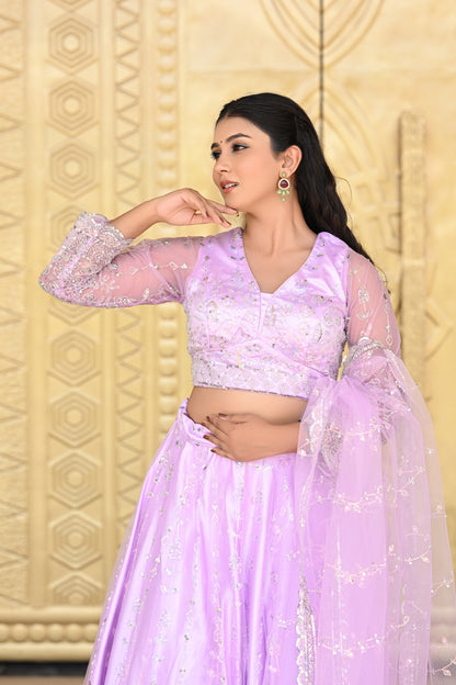 Lavender Pink Sparkle Embroidered Net Lehenga