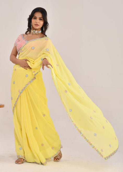 Yellow Hand-Embroidered Georgette Saree