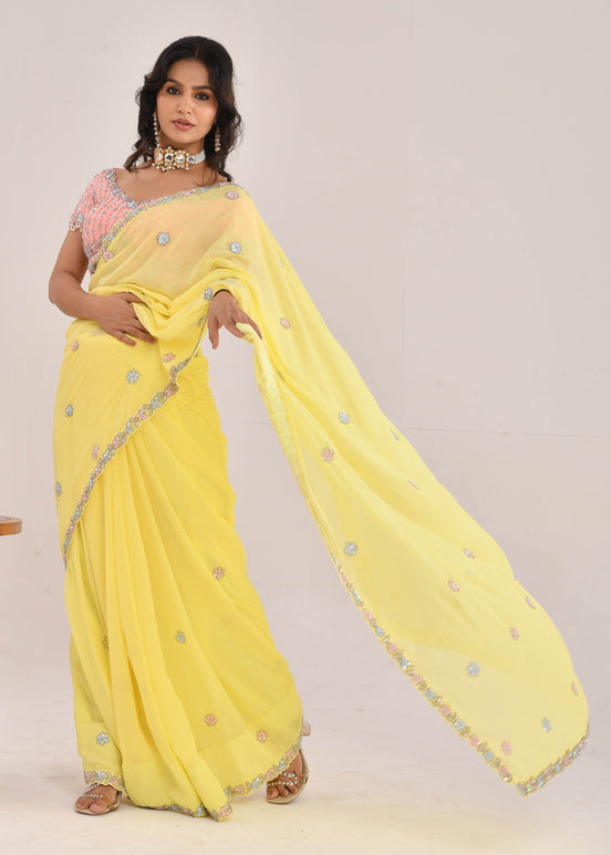 Yellow Hand-Embroidered Georgette Saree