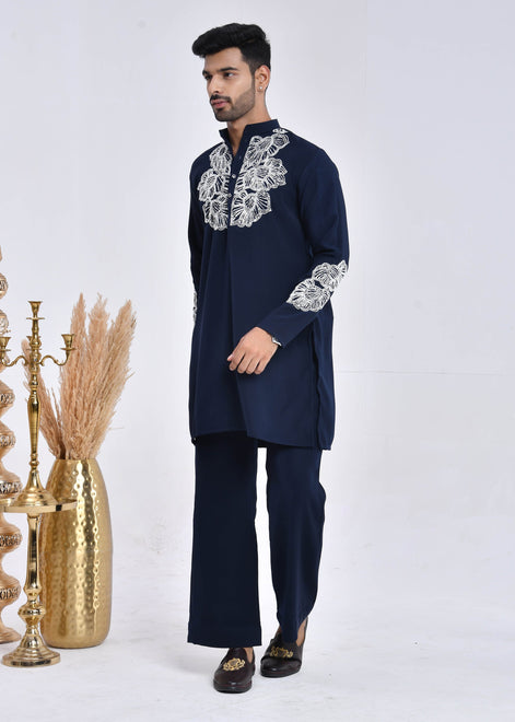 Navy Blue Hand-Embroidered Japanese Satin Kurta Set
