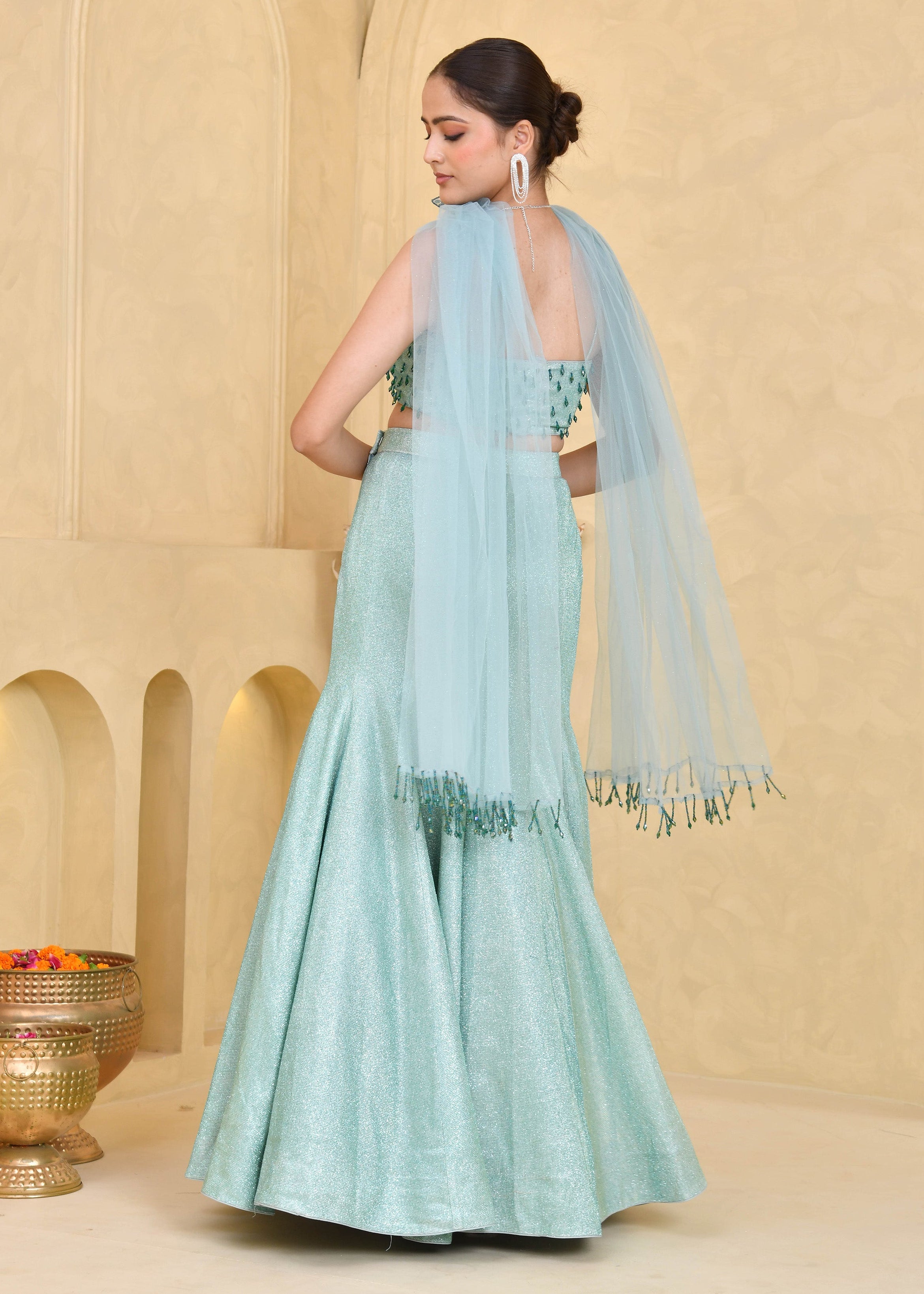 Mint Green Hand-Embroidered Shimmer Lycra Fishcut Lehenga